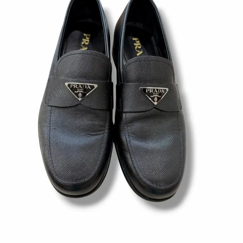 Prada Black Saffiano Leather Loafers Logo Unisex Men Size 6 - Women Size 9.5